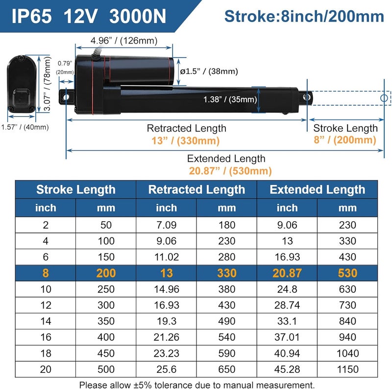 JQDML Store محرك خطي 8 إنش 8" بمدى 12 فولت للاستخدام الثقيل 3000N/660lbs مقاوم للماء IP65 مع حوامل تثبيت - Image 2